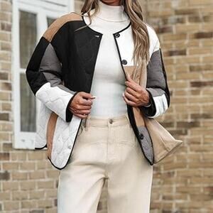 Women's Colorblock Quilted Lightweight Puffer Coat Jacket Collarless Size S